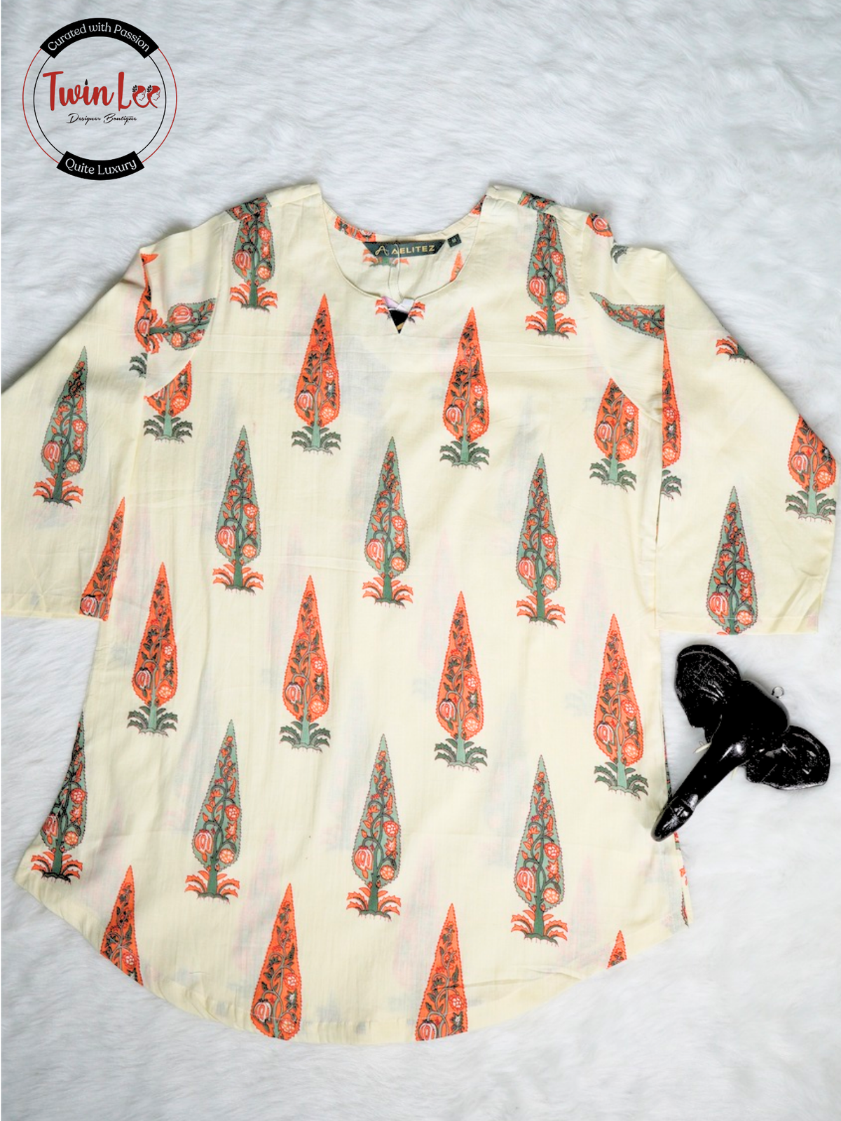Cream Mughal Tree Motif Straight Cotton Top/Kurti