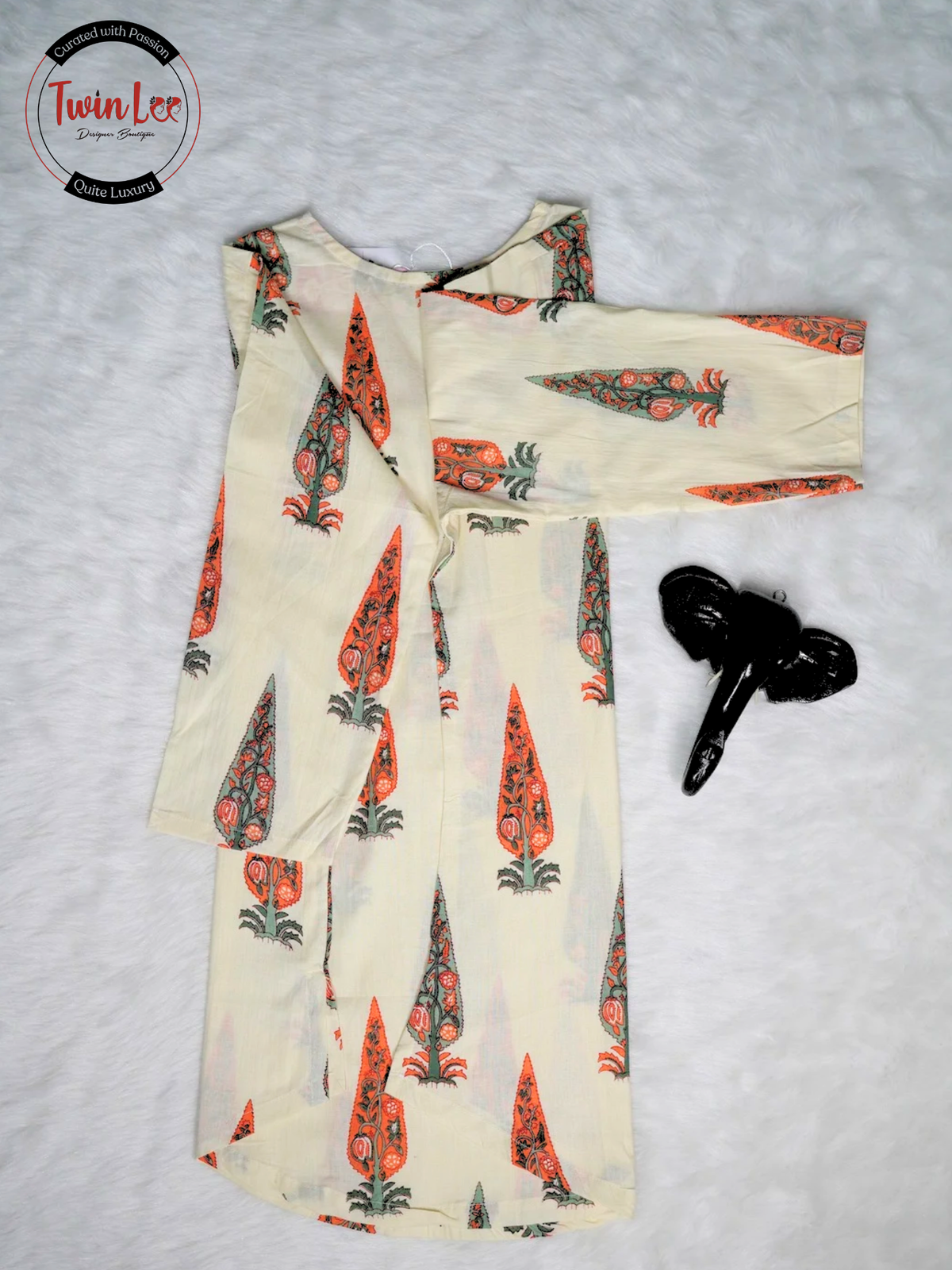 Cream Mughal Tree Motif Straight Cotton Top/Kurti