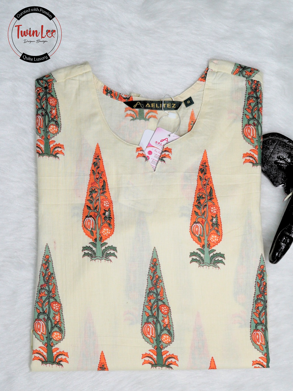 Cream Mughal Tree Motif Straight Cotton Top/Kurti