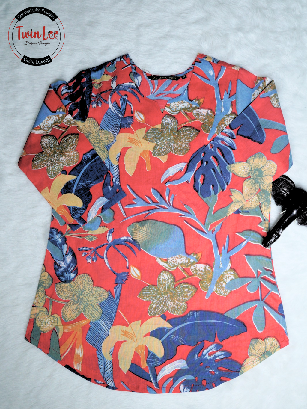 Red Tropical Floral Print Cotton Top/Kurti