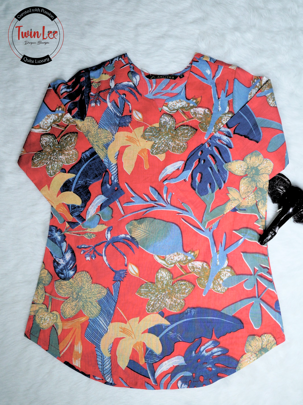 Red Tropical Floral Print Cotton Top/Kurti