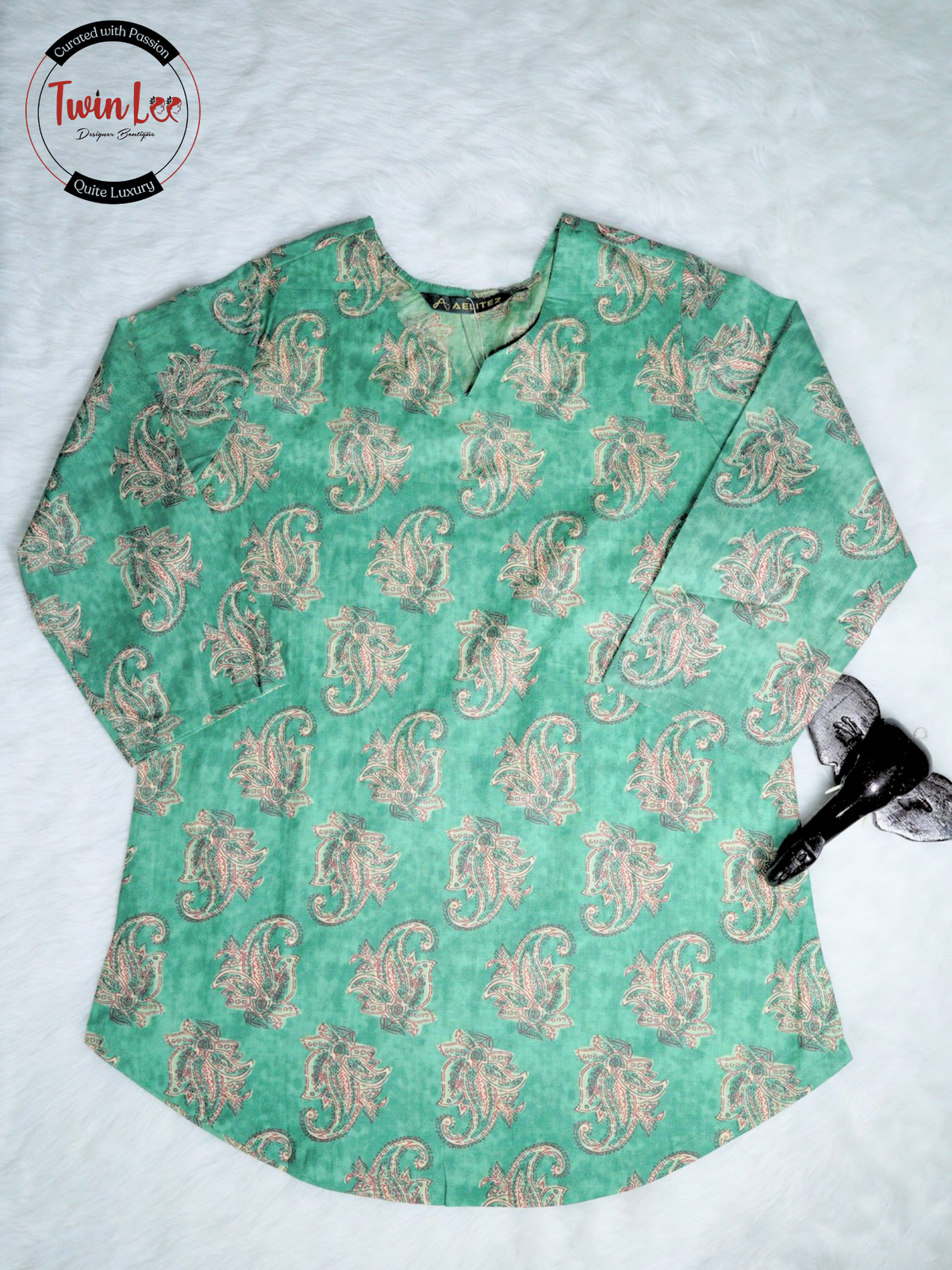 Mint Green Paisley Print Straight Cotton Top/Kurti