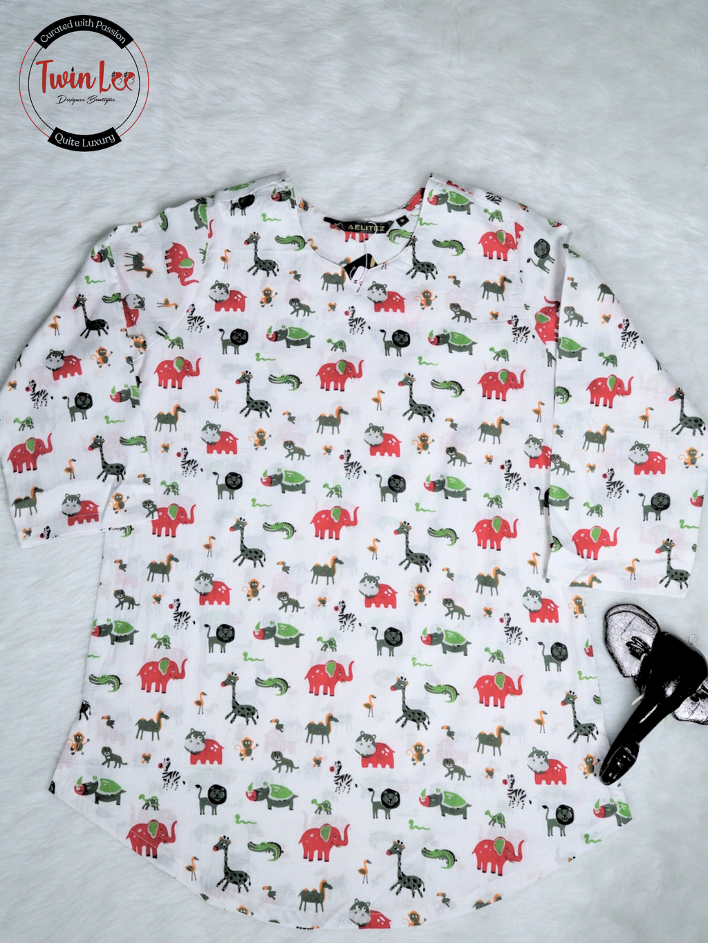 White Animal Safari Print Straight Cotton Top/Kurti