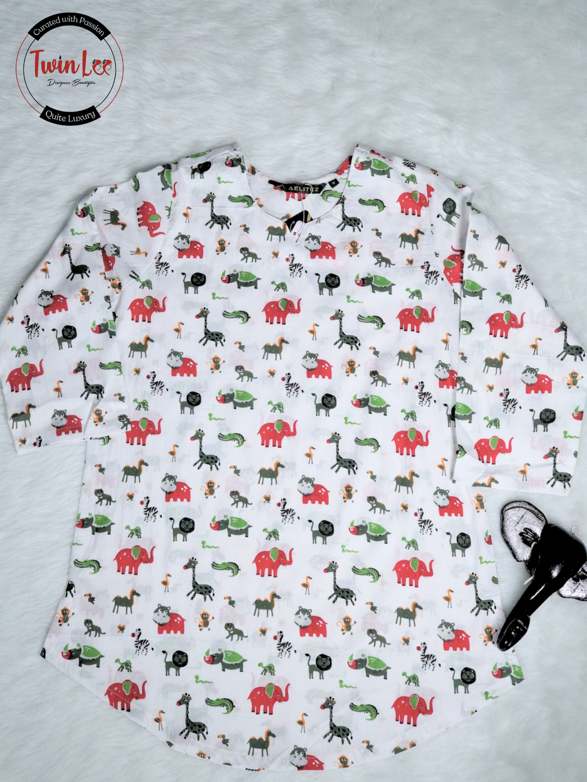 White Animal Safari Print Straight Cotton Top/Kurti