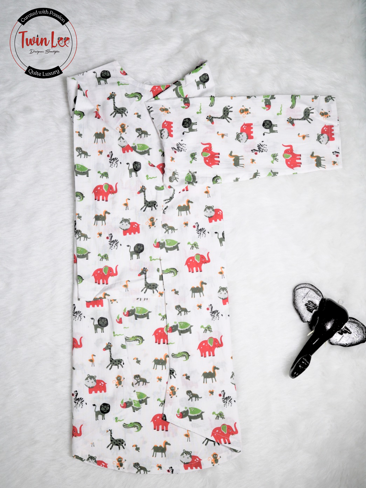 White Animal Safari Print Straight Cotton Top/Kurti