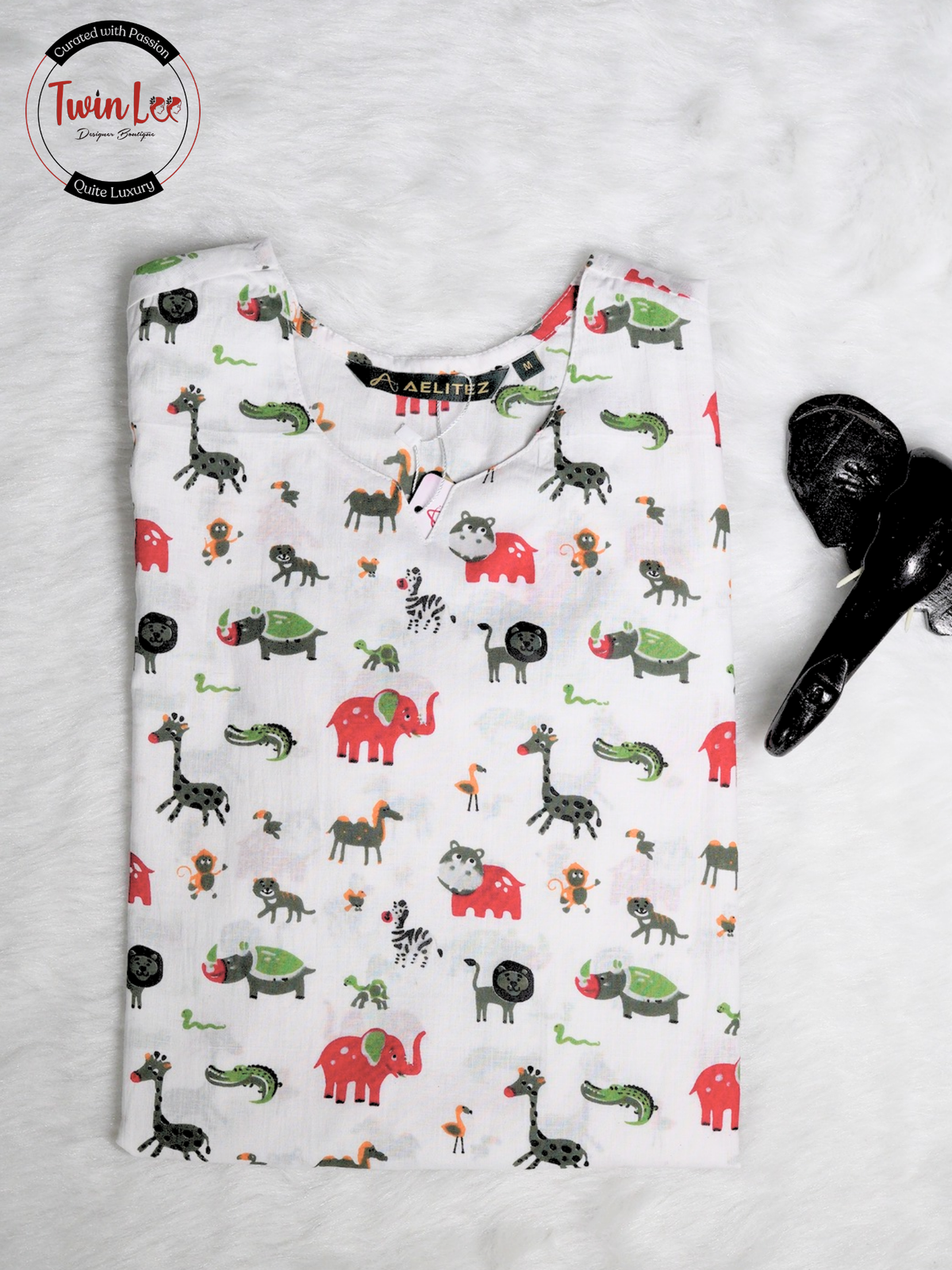 White Animal Safari Print Straight Cotton Top/Kurti