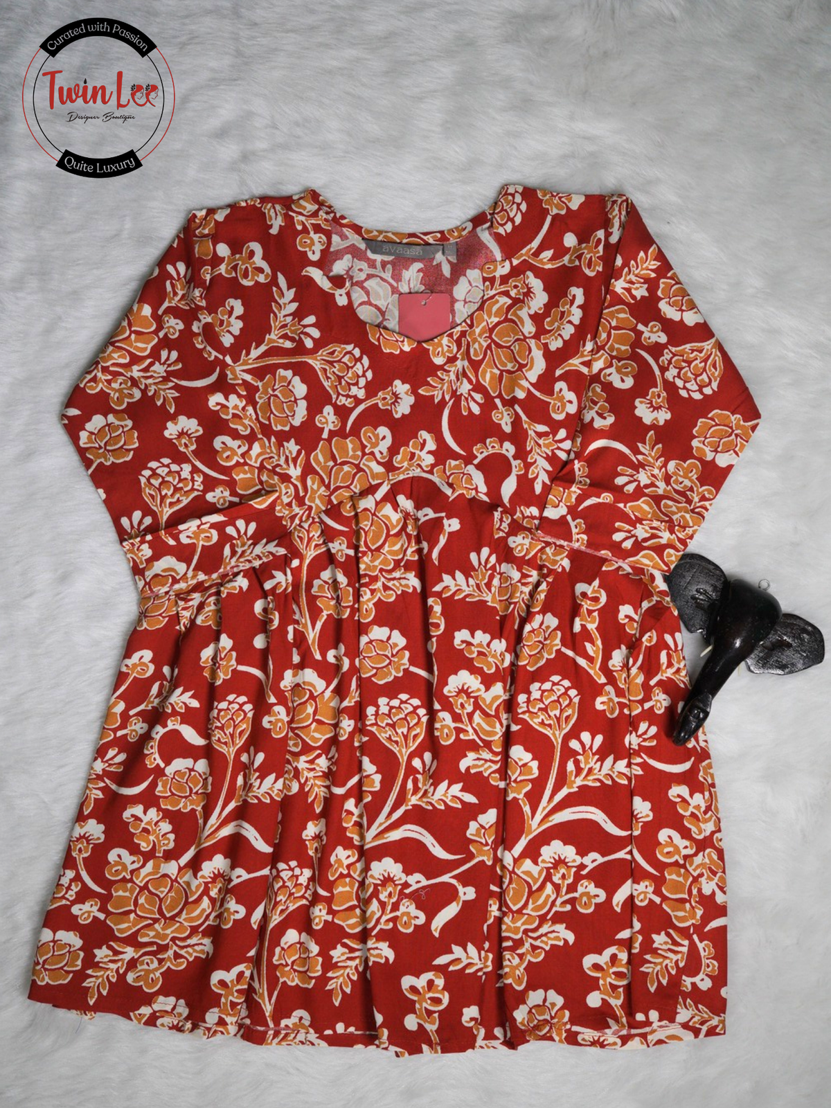 Rust Orange Floral Print Peplum Top/Kurti