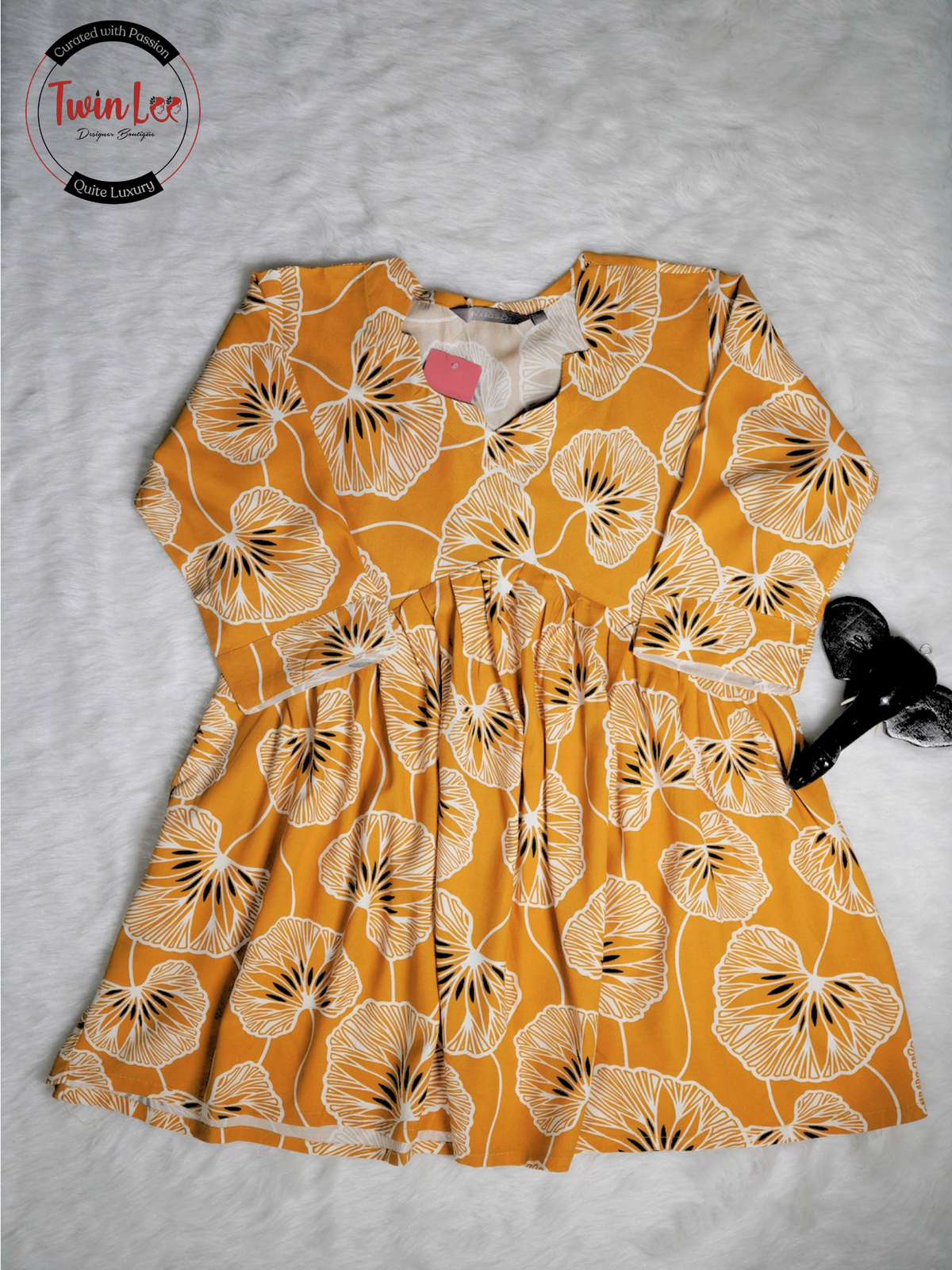 Mustard Yellow Ginkgo Leaf Print Peplum Top/Kurti