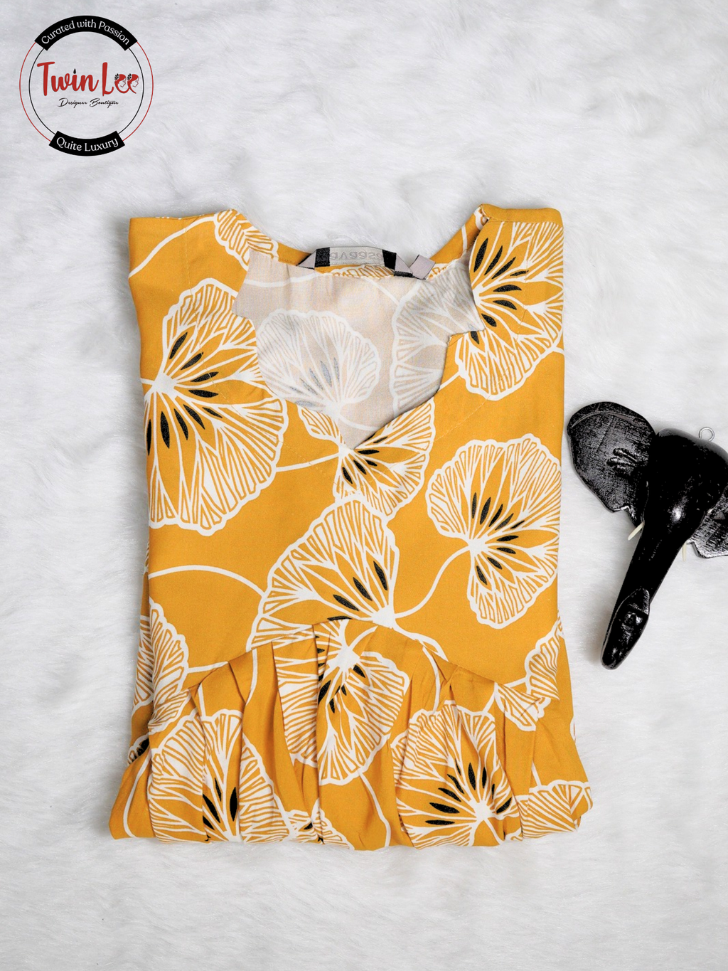Mustard Yellow Ginkgo Leaf Print Peplum Top/Kurti