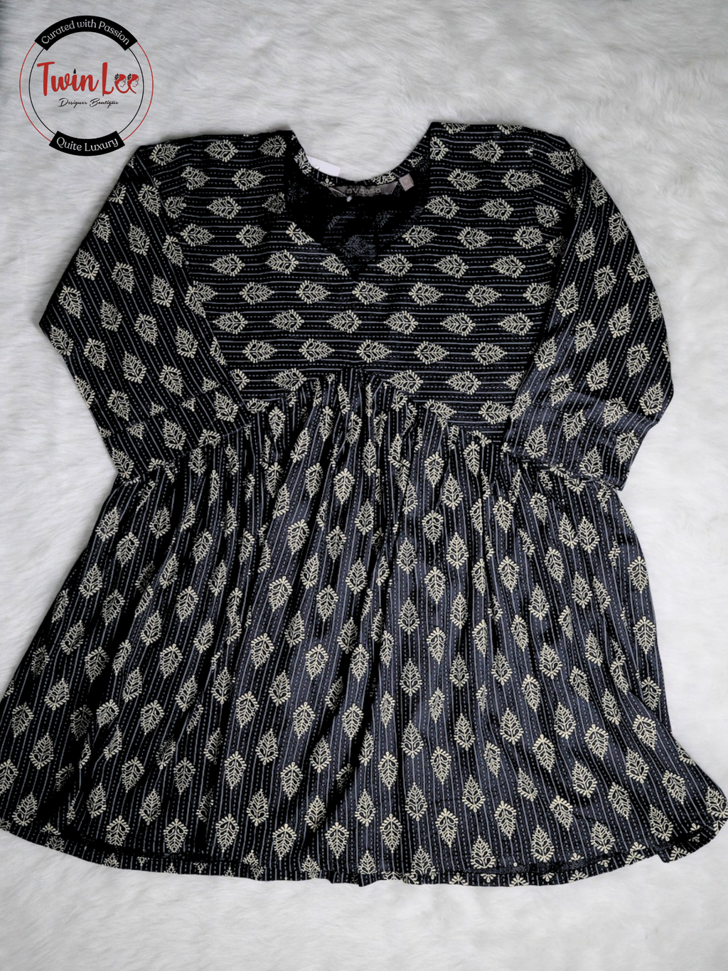 Black Block Print Flared Peplum Top/Kurti