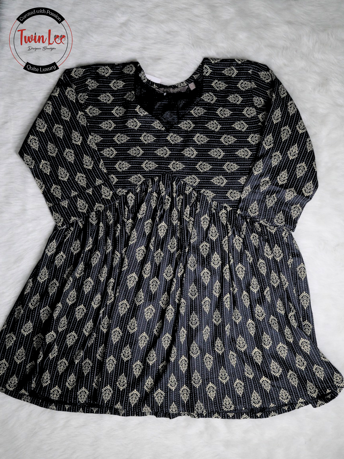 Black Block Print Flared Peplum Top/Kurti