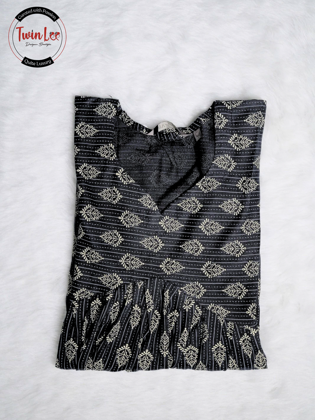 Black Block Print Flared Peplum Top/Kurti