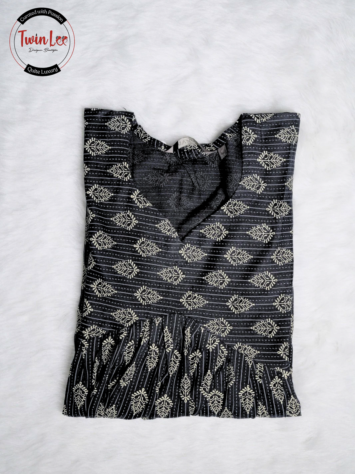 Black Block Print Flared Peplum Top/Kurti