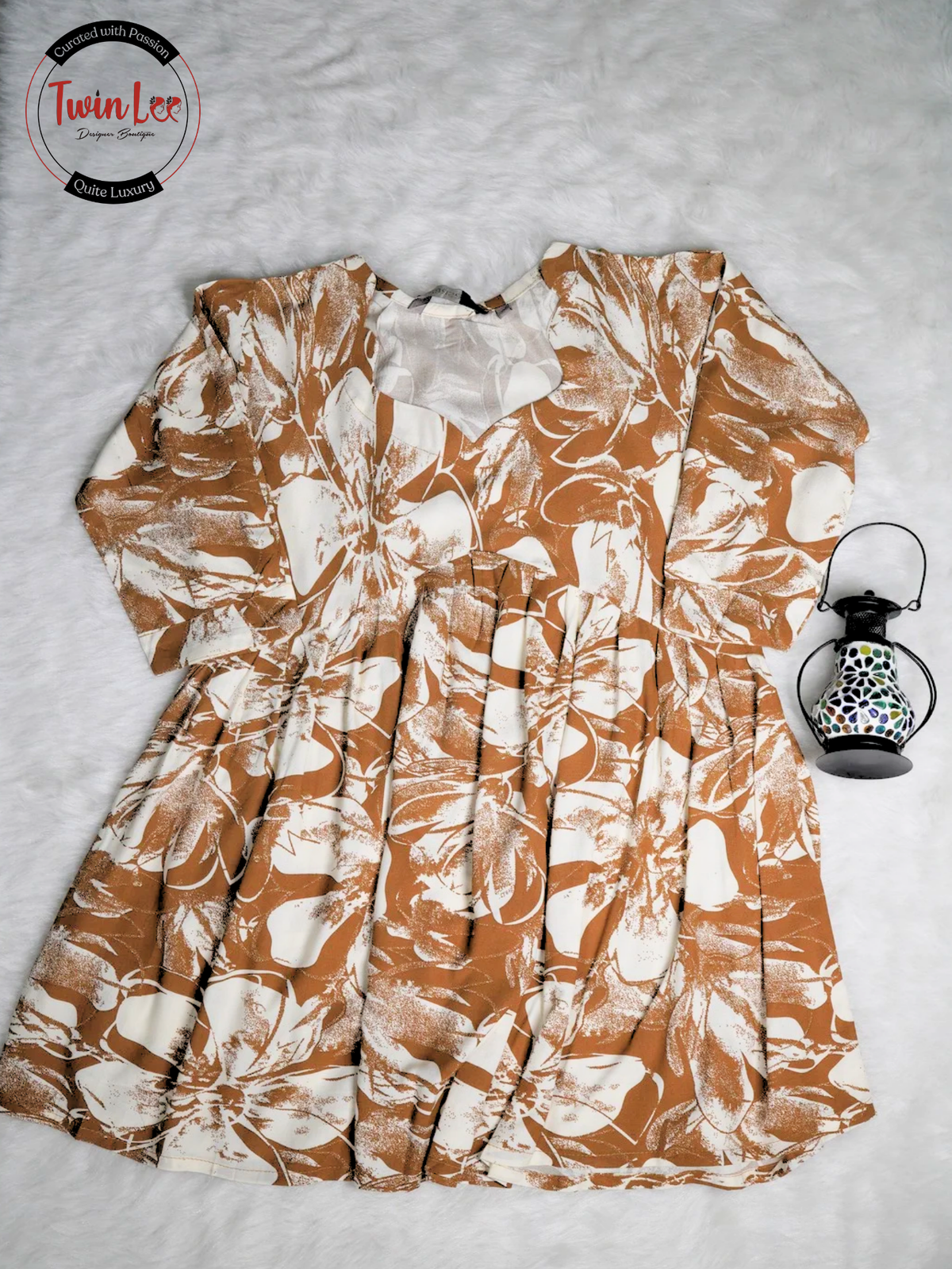 Brown Abstract Floral Flared Peplum Top/Kurti