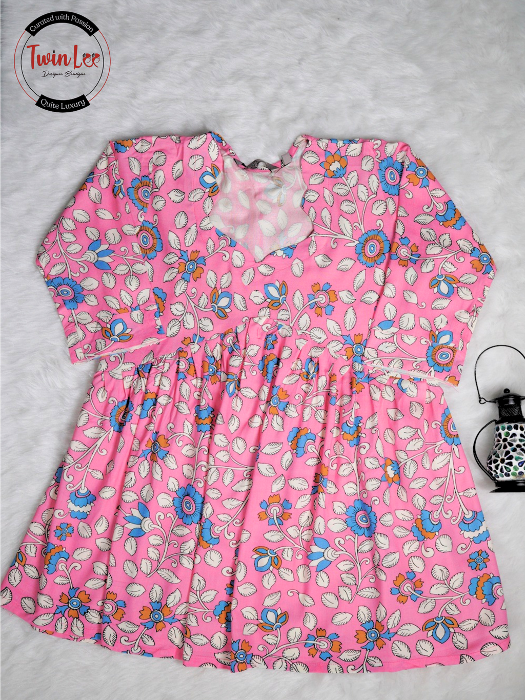 Pink Kalamkari-Style Floral Flared Peplum Top/Kurti