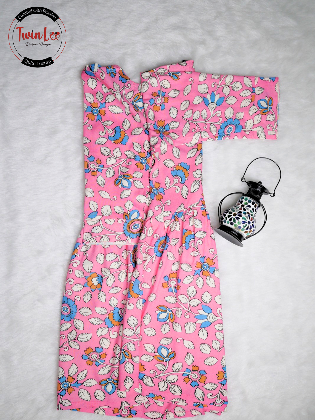 Pink Kalamkari-Style Floral Flared Peplum Top/Kurti