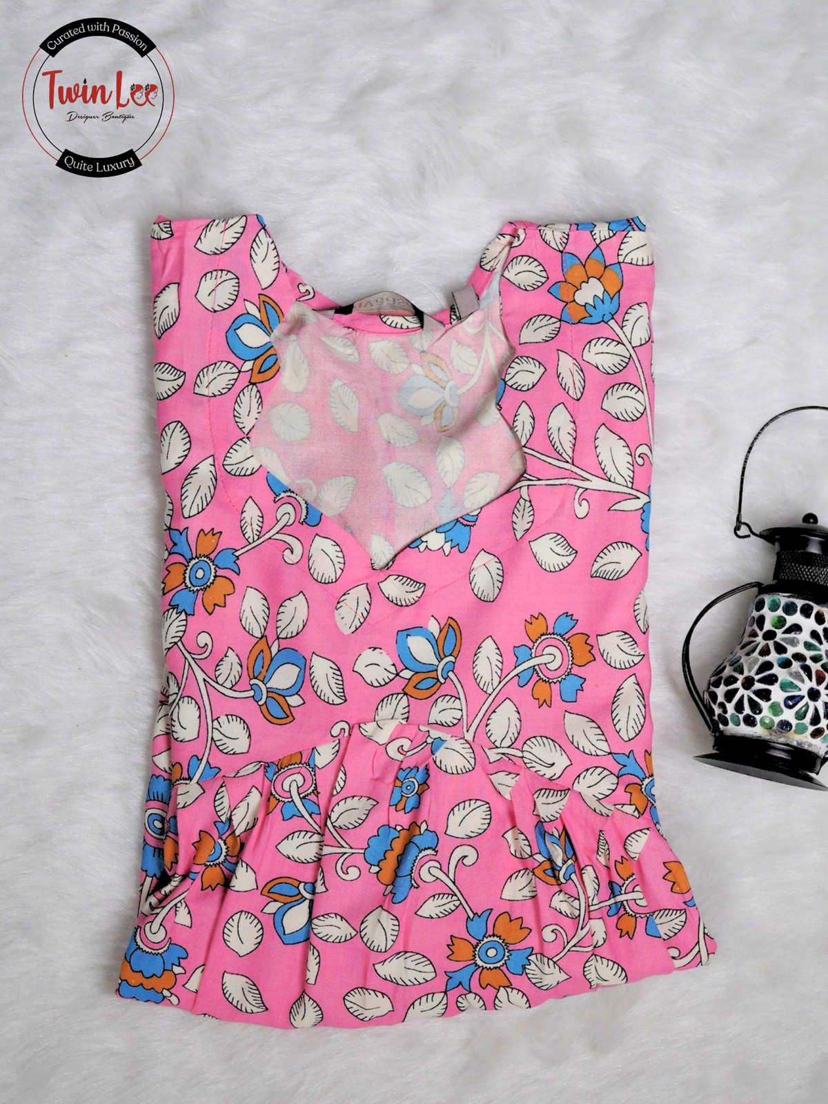 Pink Kalamkari-Style Floral Flared Peplum Top/Kurti