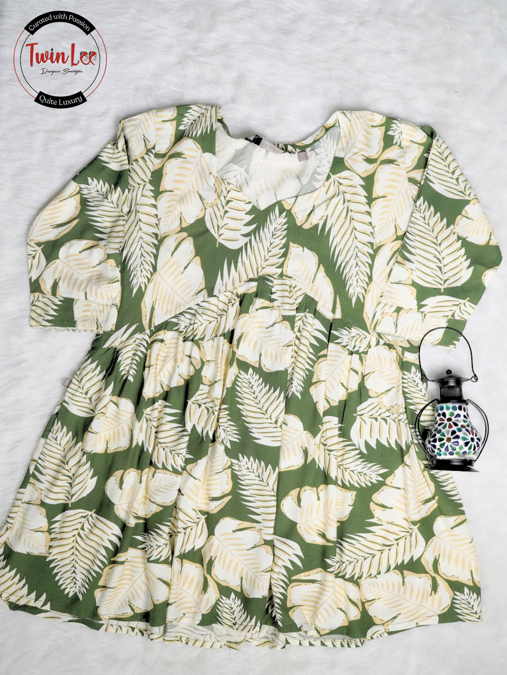 Olive Green Tropical Leaf Flared Peplum Top/Kurti