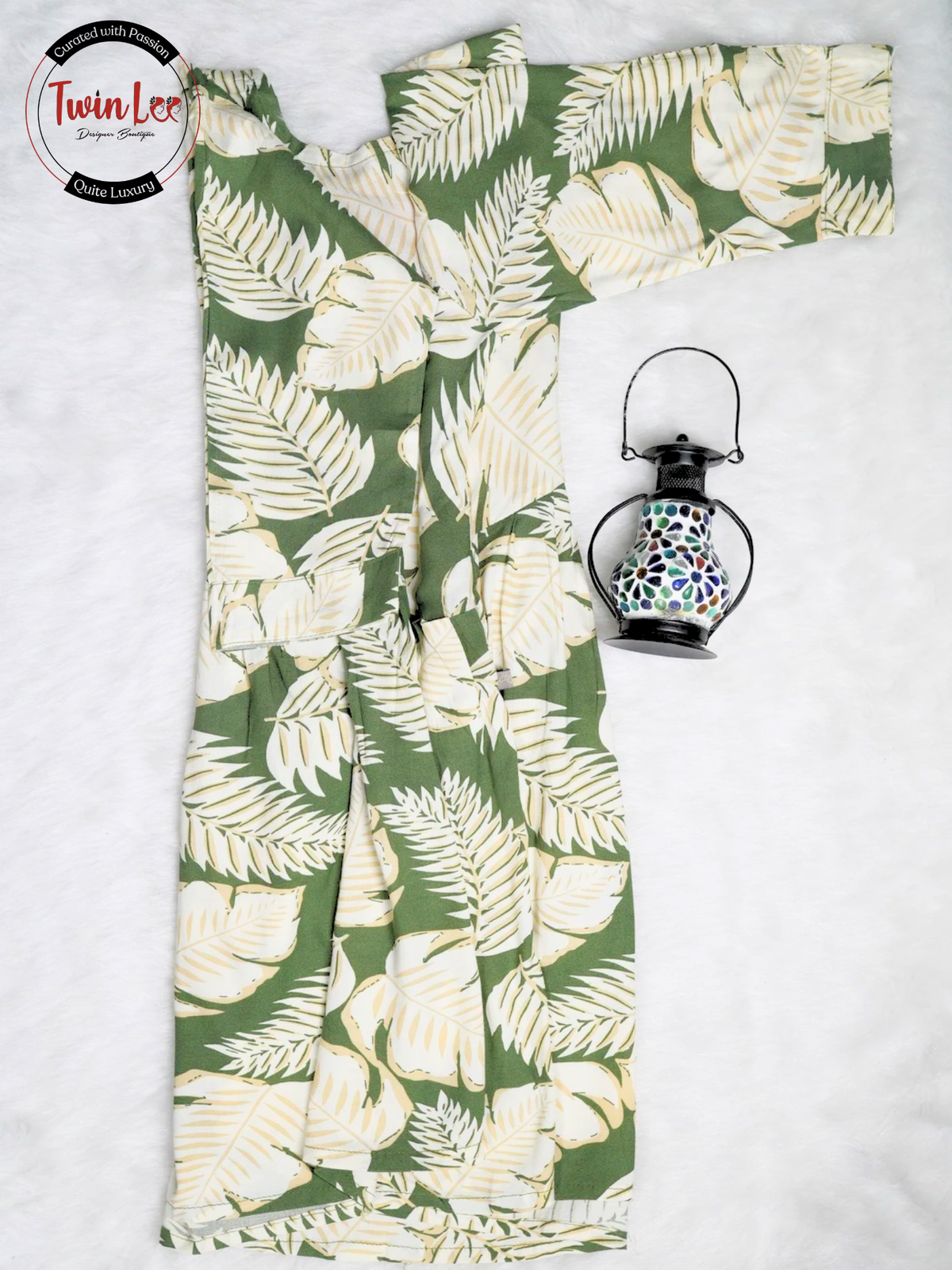 Olive Green Tropical Leaf Flared Peplum Top/Kurti