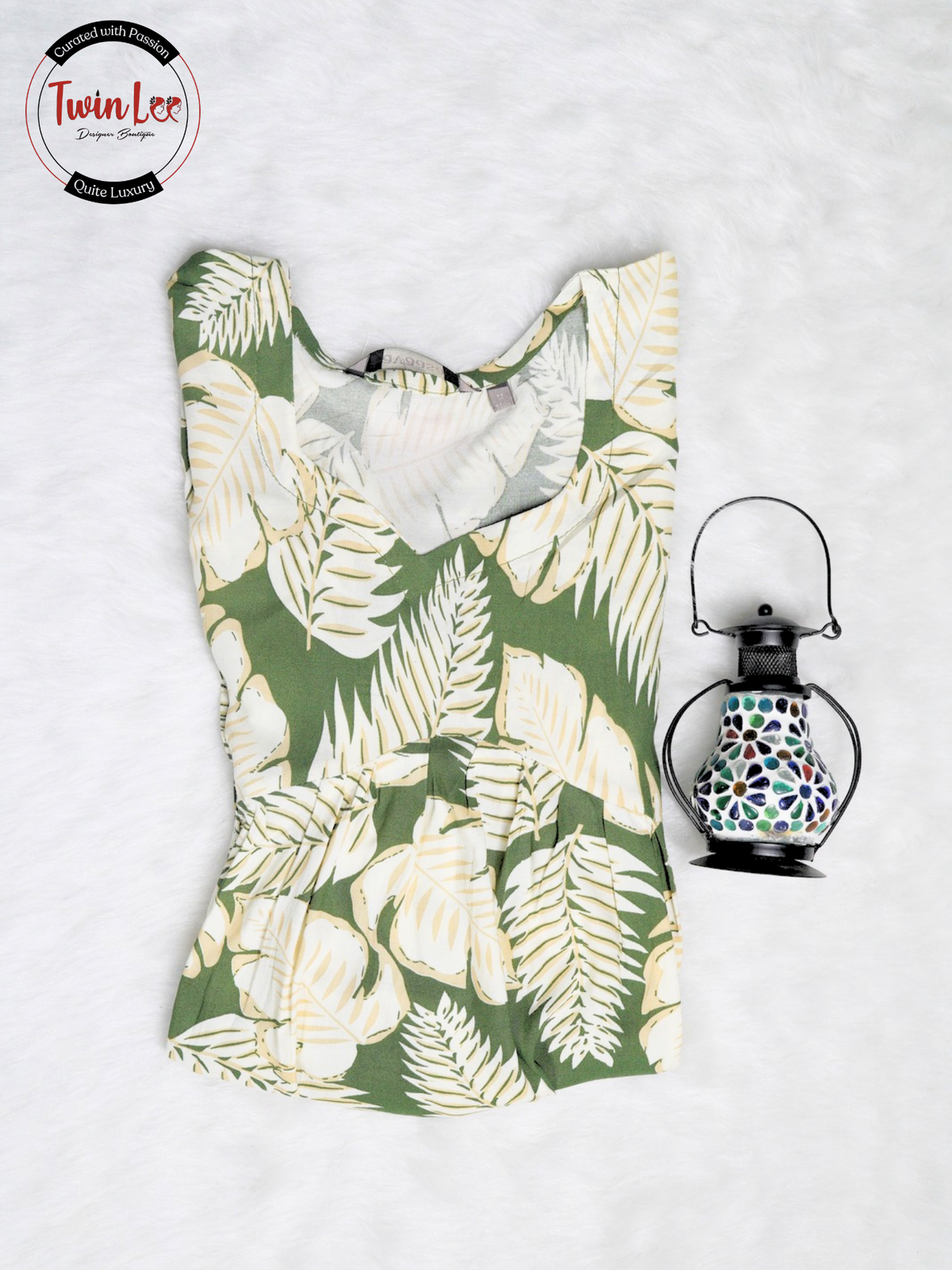 Olive Green Tropical Leaf Flared Peplum Top/Kurti