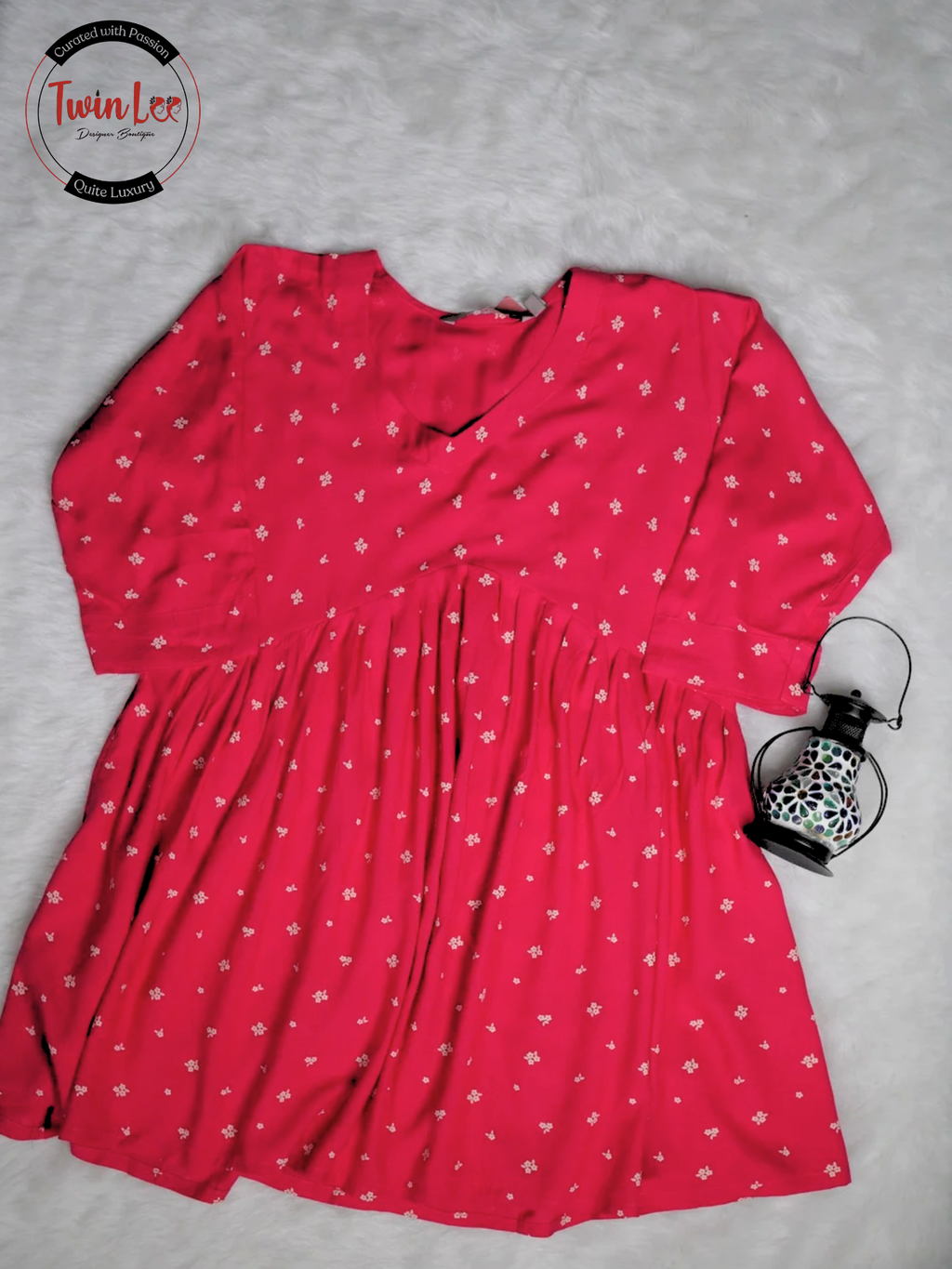 Hot Pink Tiny Star Print Flared Peplum Top/Kurti