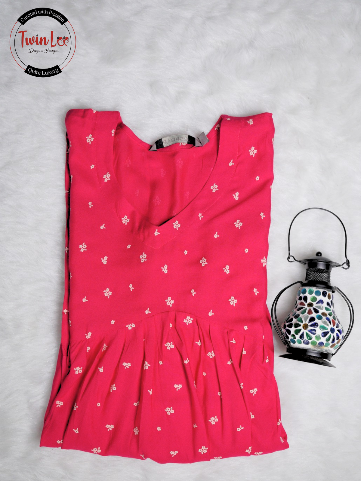 Hot Pink Tiny Star Print Flared Peplum Top/Kurti