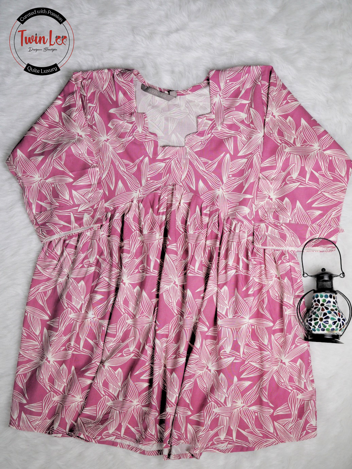 Dusty Pink Abstract Leaf Flared Peplum Top/Kurti