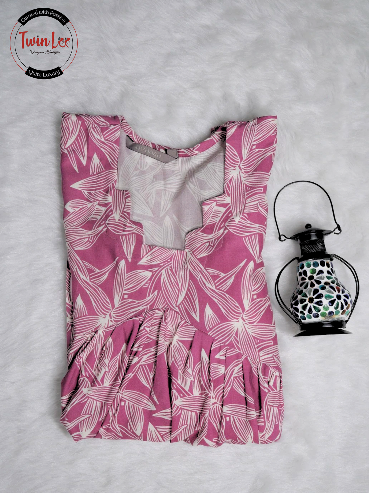 Dusty Pink Abstract Leaf Flared Peplum Top/Kurti