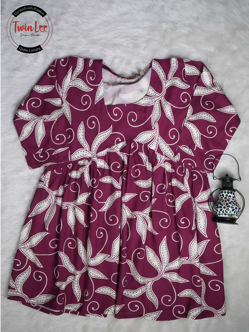 Plum Purple Vine Print Flared Peplum Top/Kurti