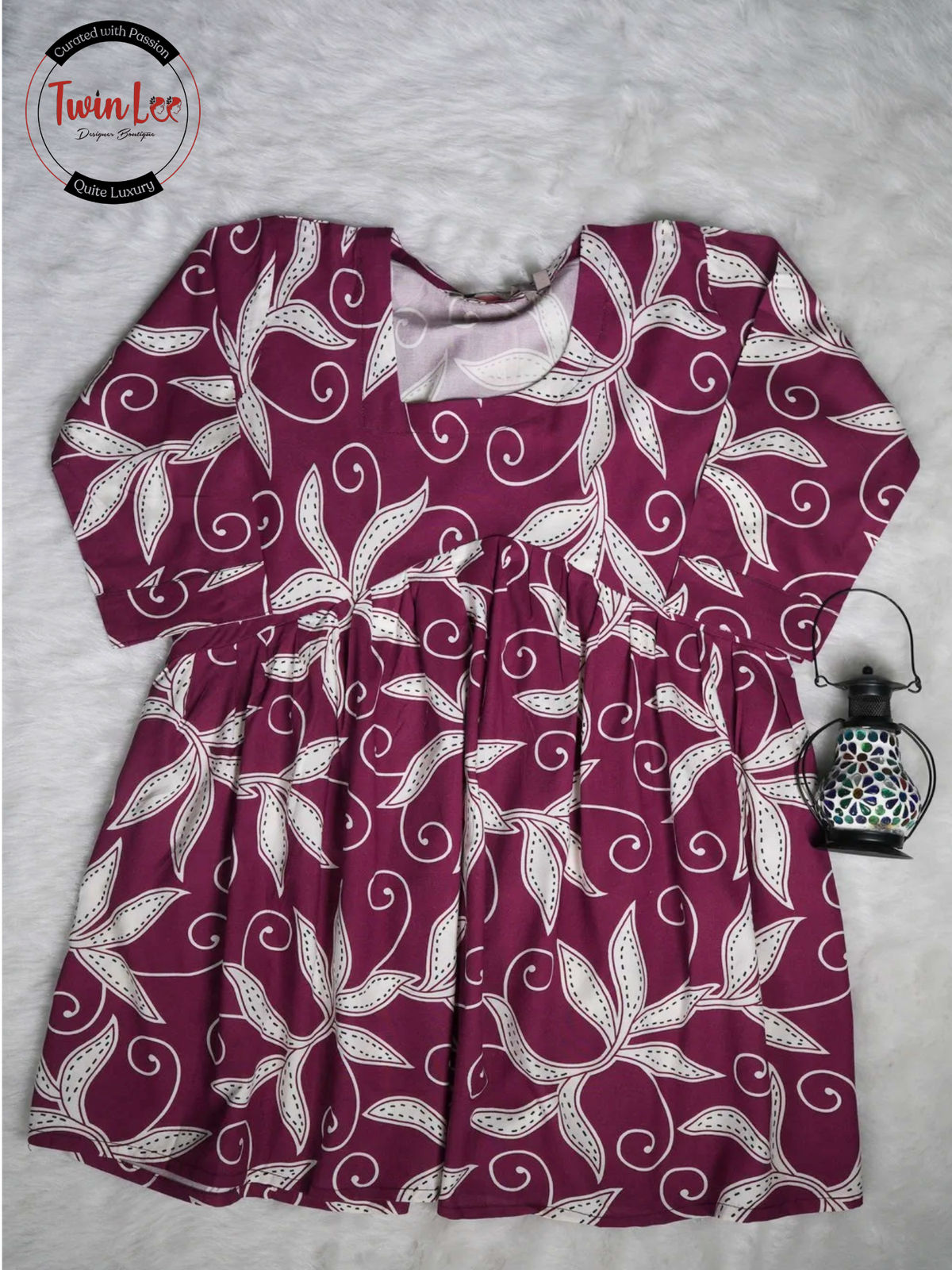 Plum Purple Vine Print Flared Peplum Top/Kurti