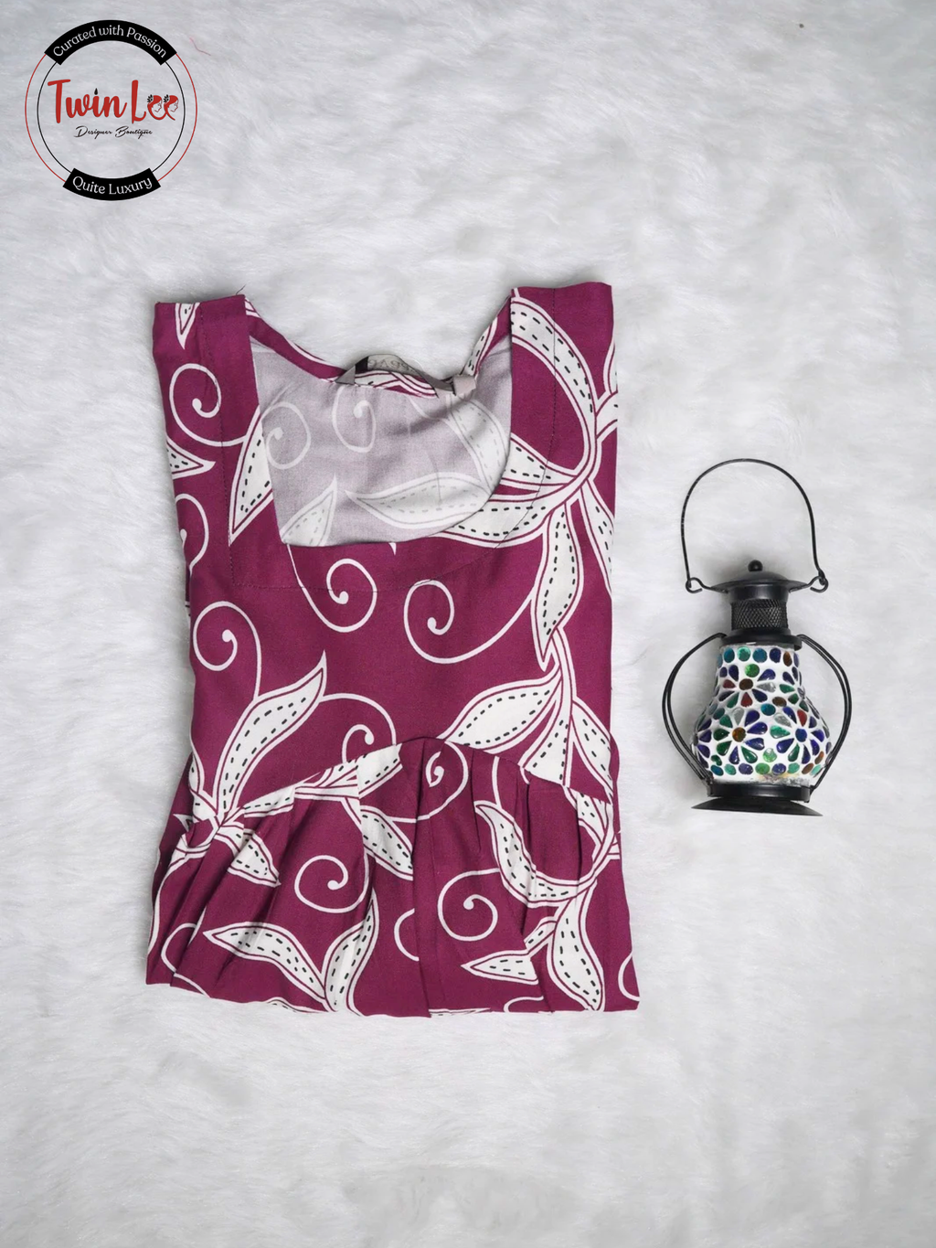 Plum Purple Vine Print Flared Peplum Top/Kurti
