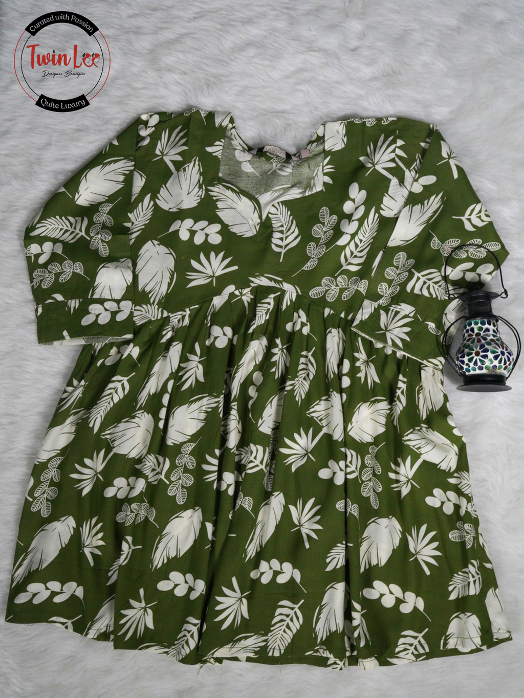 Dark Green Mixed Leaf Flared Peplum Top/Kurti