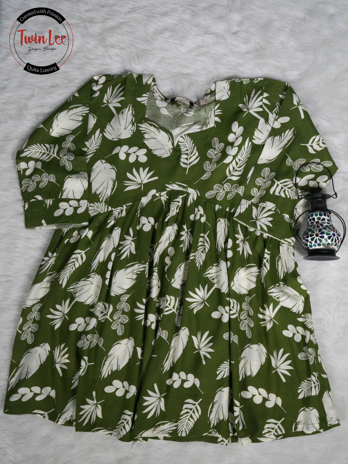 Dark Green Mixed Leaf Flared Peplum Top/Kurti