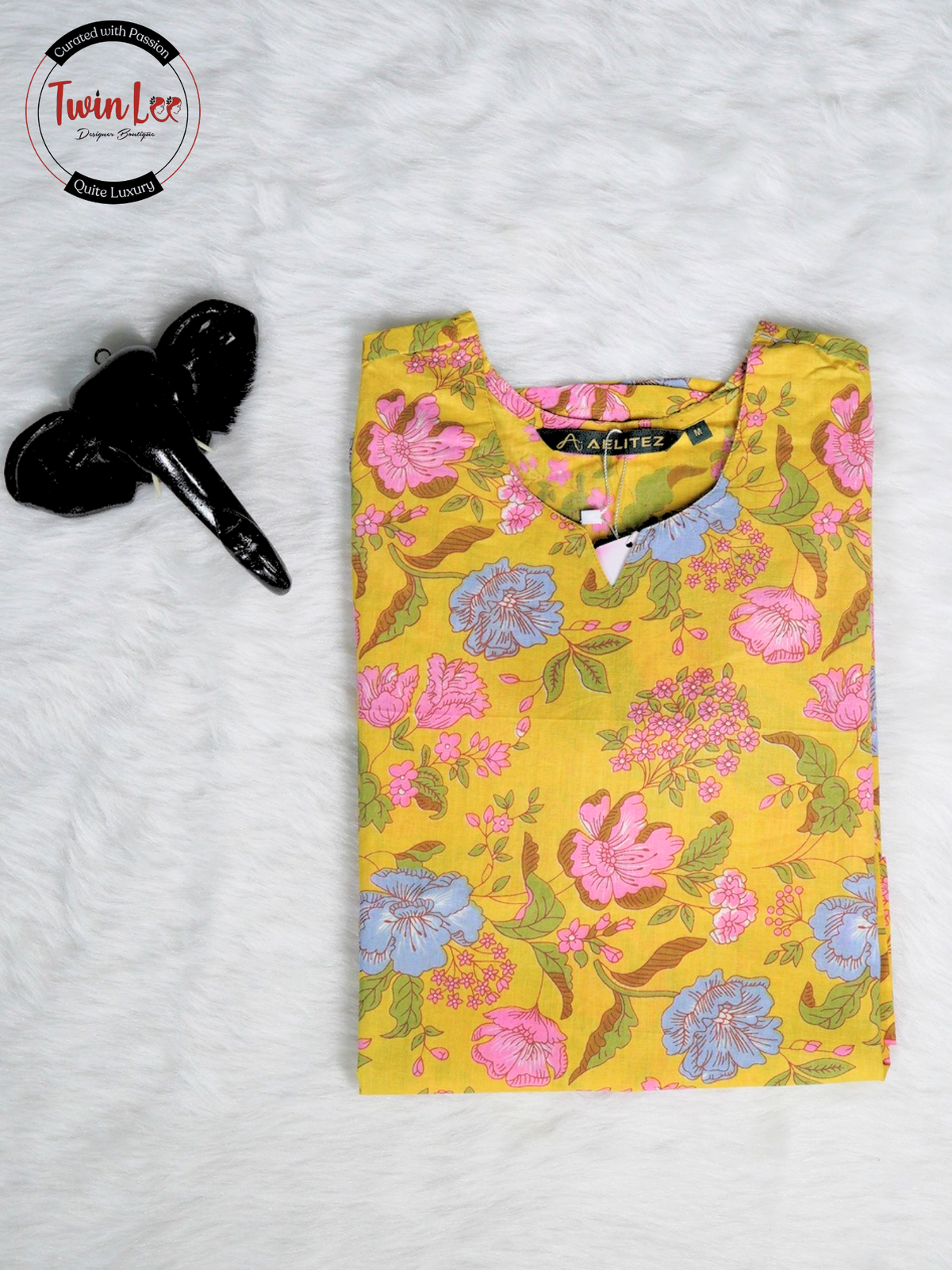 Yellow Multi-Color Floral Print Straight Cotton Top/Kurti