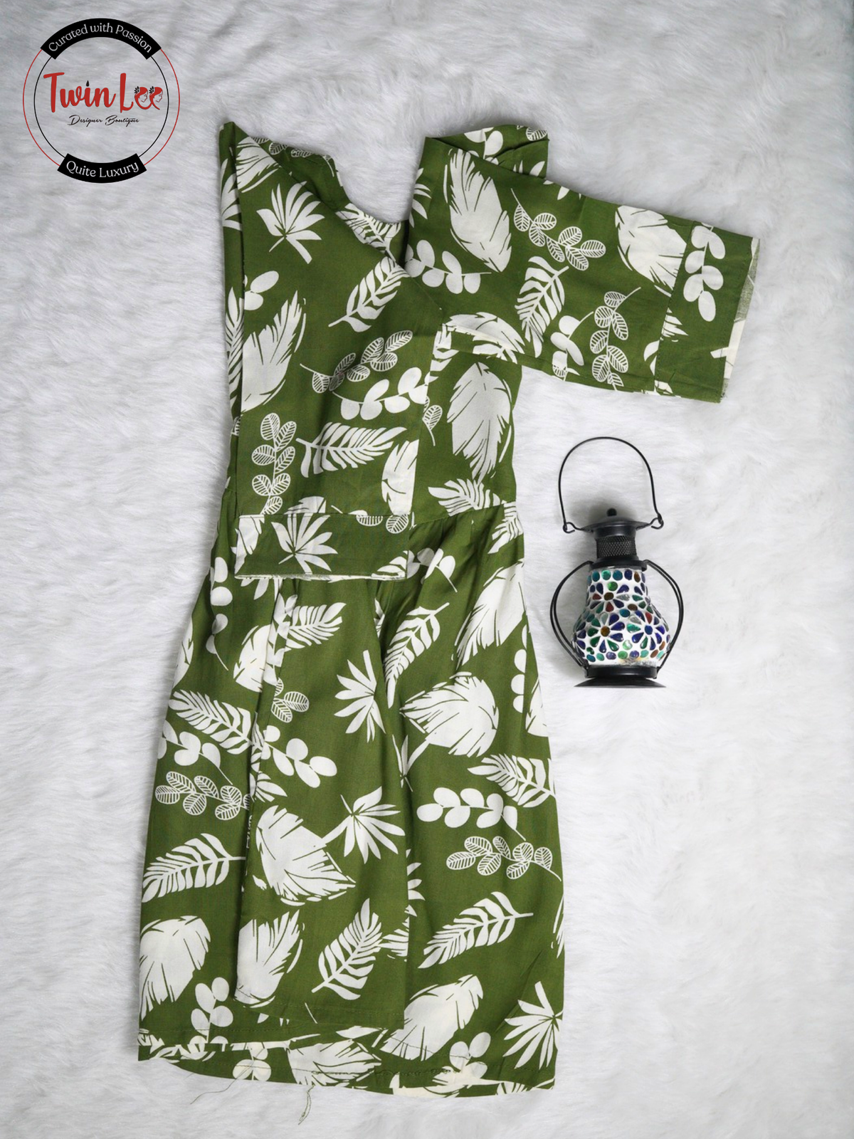 Dark Green Mixed Leaf Flared Peplum Top/Kurti