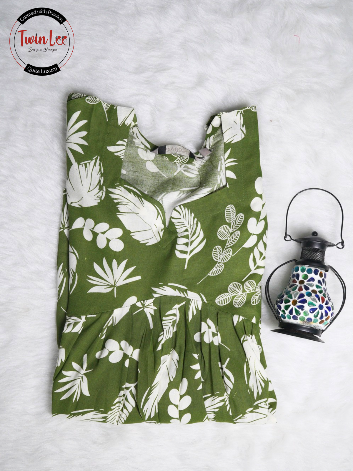 Dark Green Mixed Leaf Flared Peplum Top/Kurti