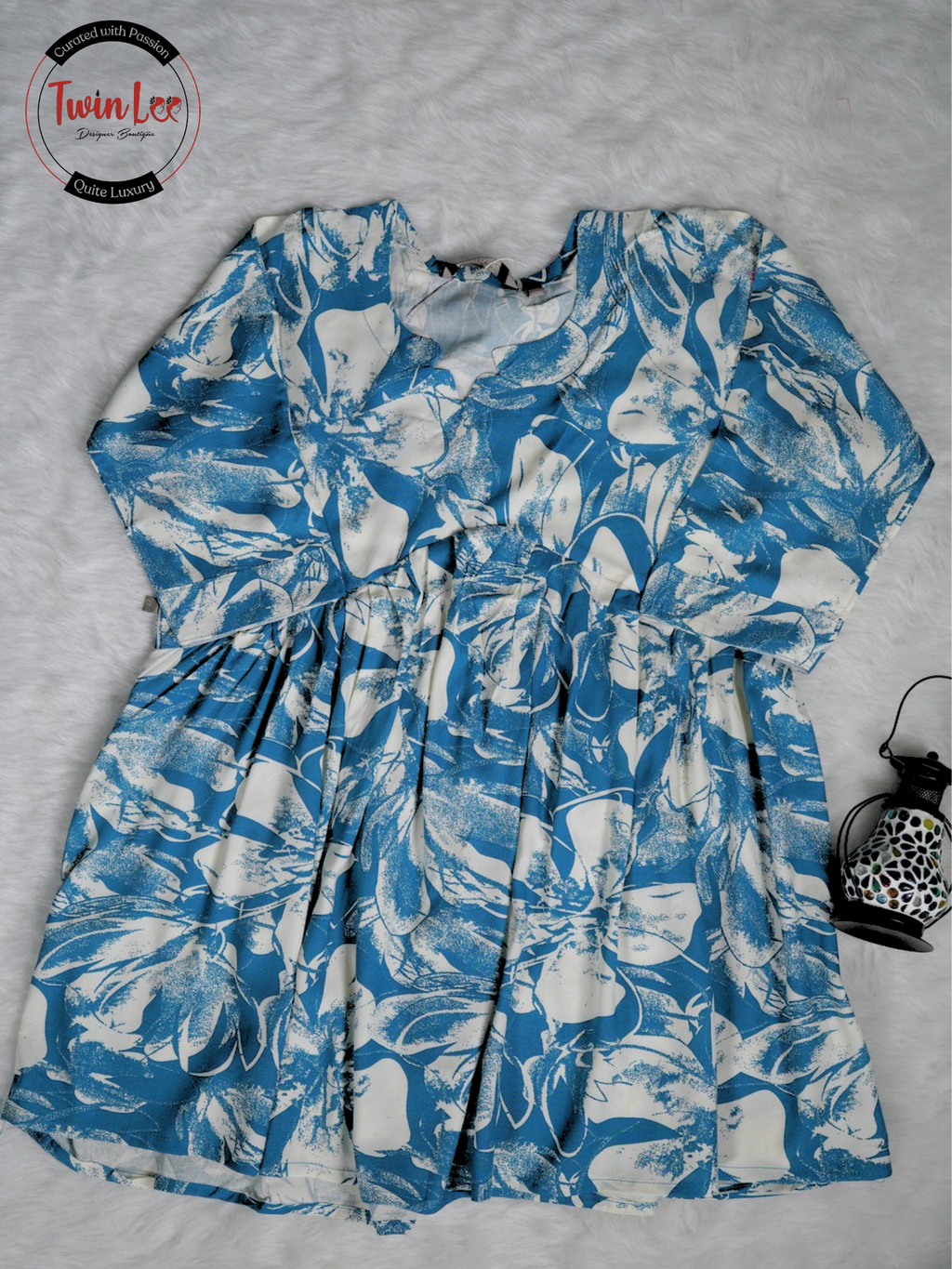 Cerulean Blue Abstract Floral Flared Peplum Top/Kurti
