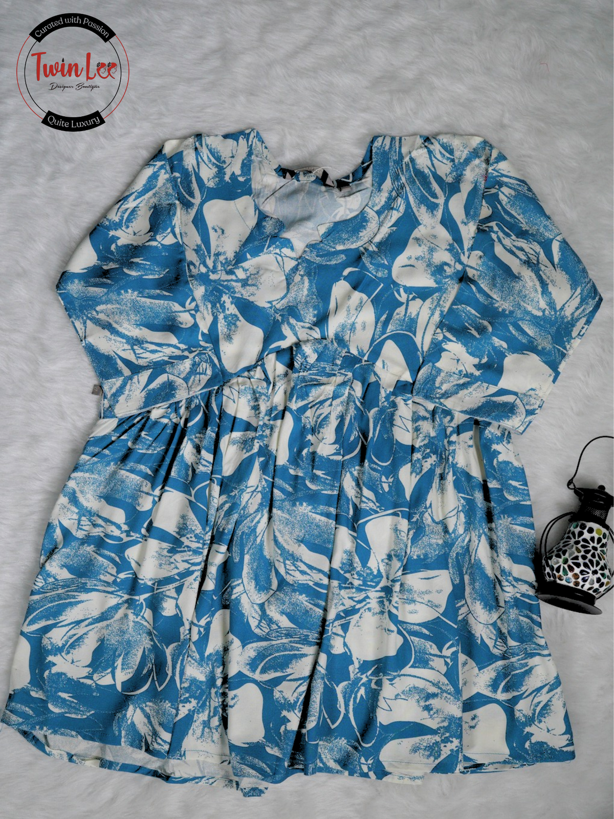 Cerulean Blue Abstract Floral Flared Peplum Top/Kurti