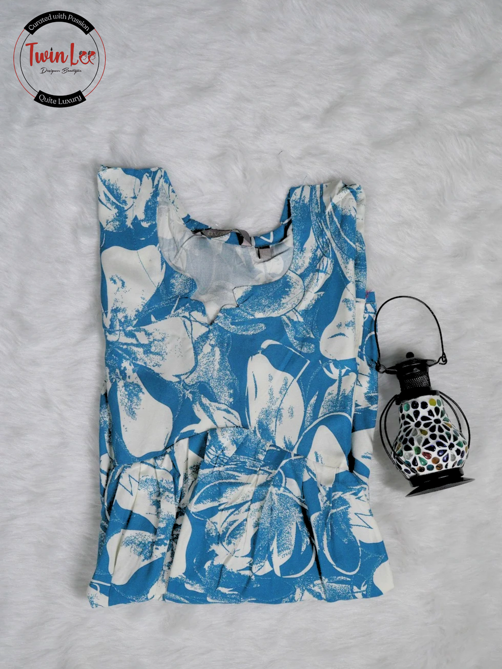 Cerulean Blue Abstract Floral Flared Peplum Top/Kurti