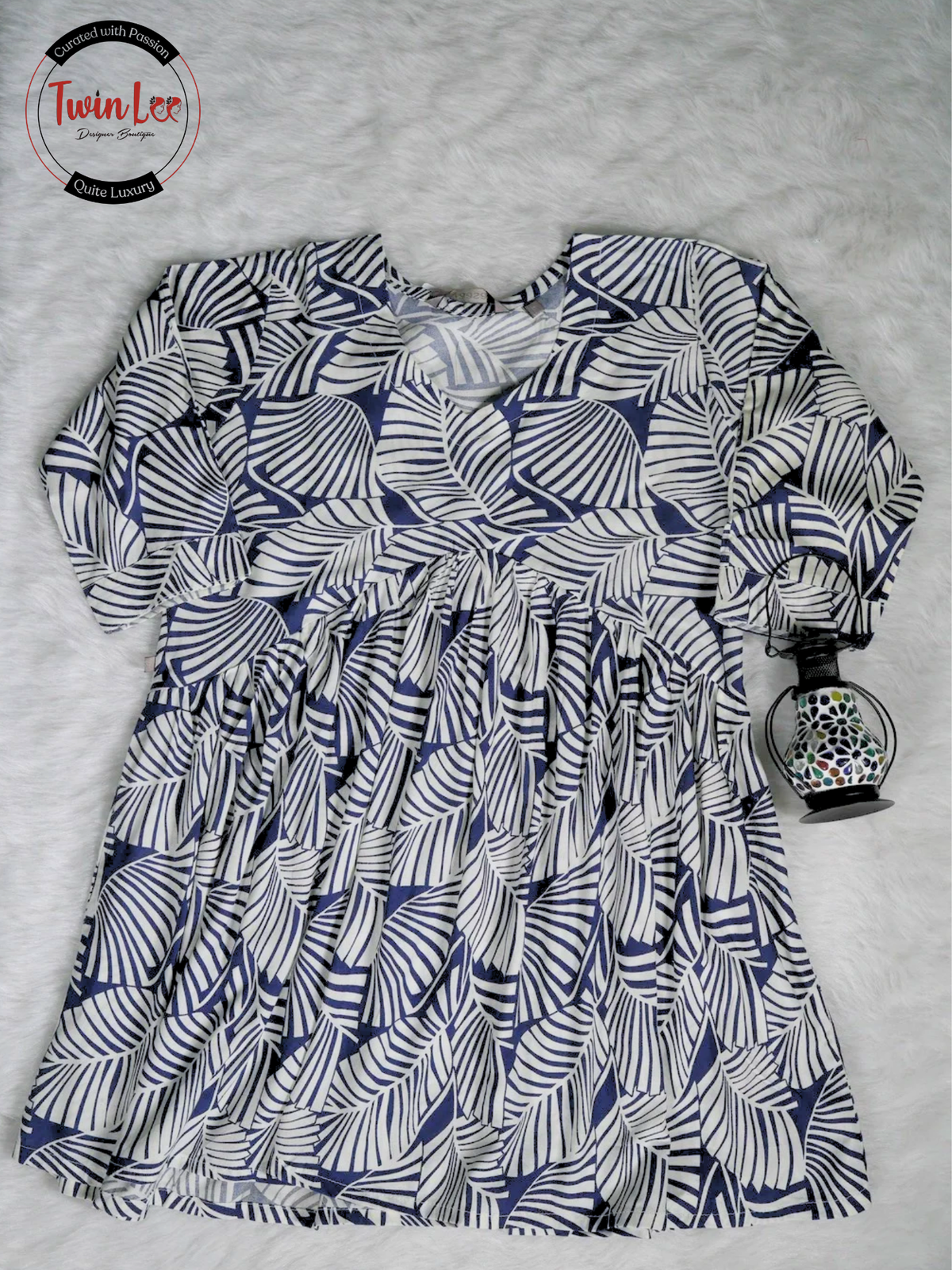 Blue and White Leaf Print Peplum Top/Kurti