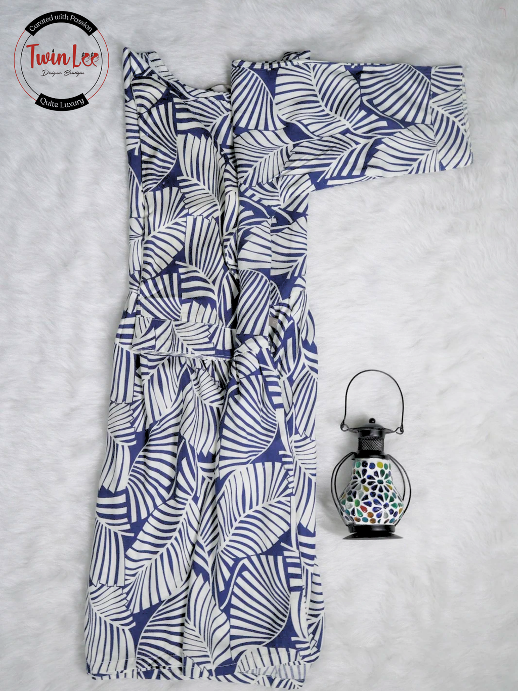 Blue and White Leaf Print Peplum Top/Kurti