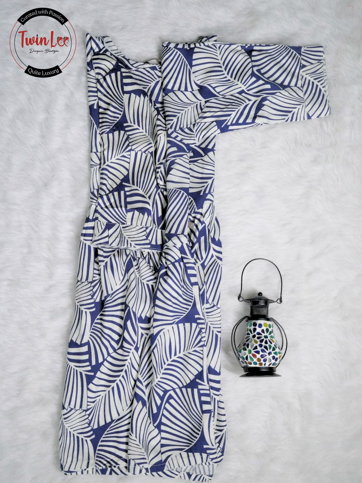 Blue and White Leaf Print Peplum Top/Kurti