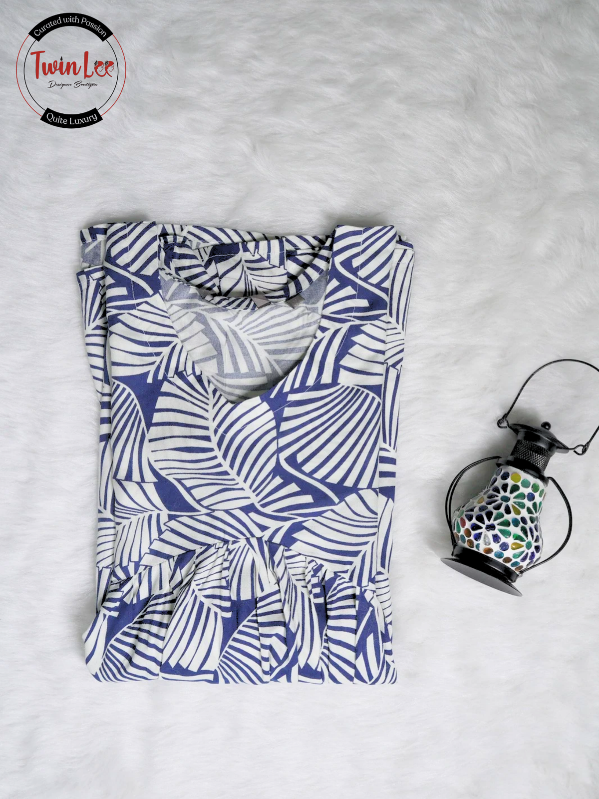 Blue and White Leaf Print Peplum Top/Kurti